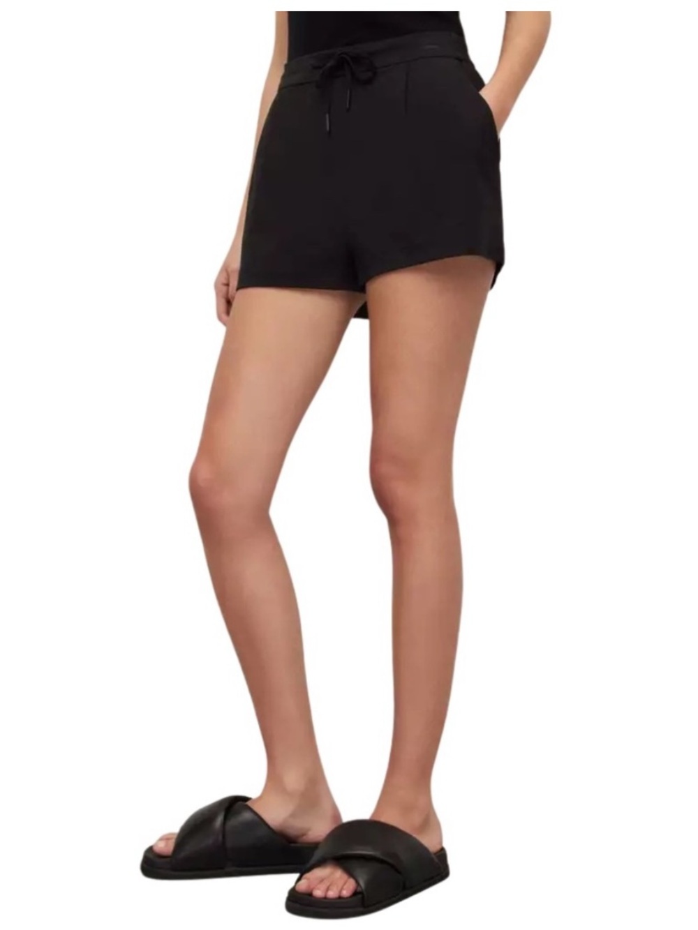 AllSaints Aleida Tailored Minimalist 
Drawcord Cotton Jersey Black Shorts SZ 12
